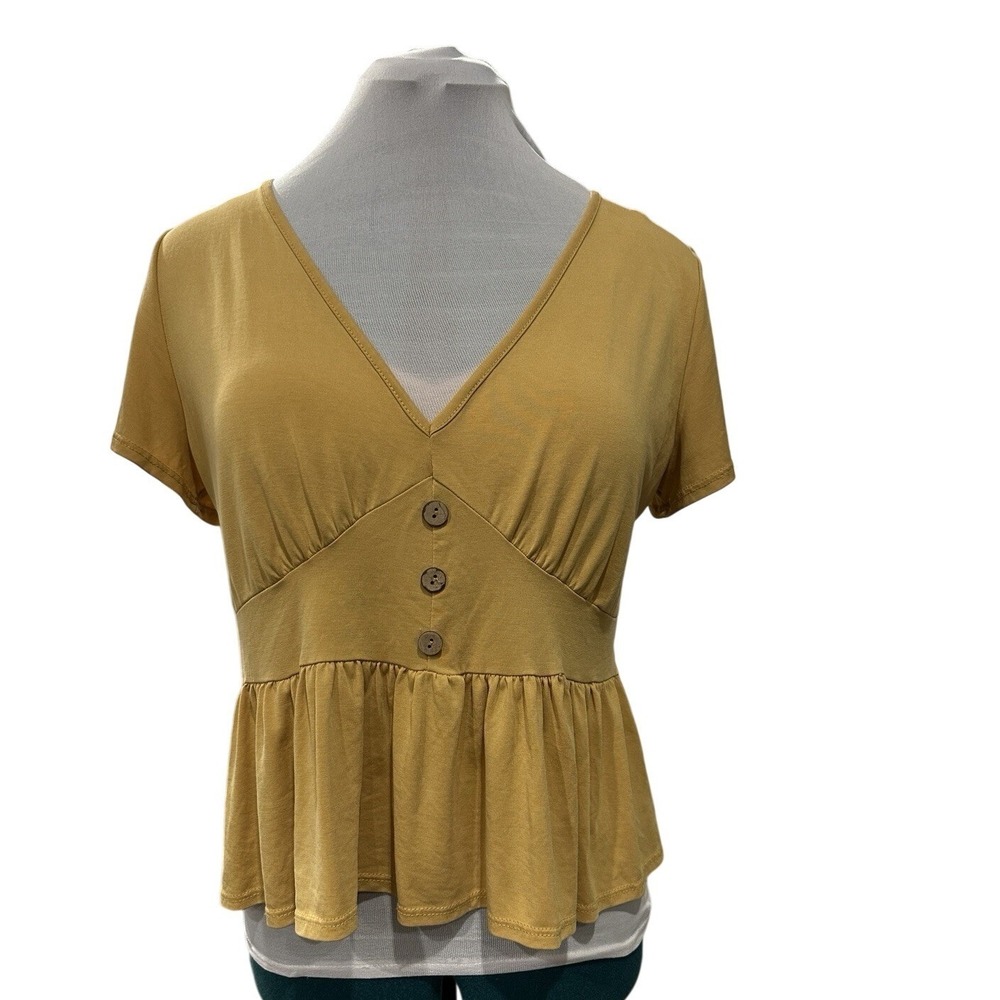 Lavender Field Mustard Yellow Peplum V Neck Button Front Short Sleeve Top M
